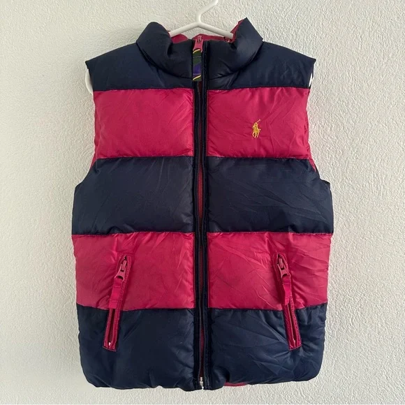 Ralph Lauren Girls Pink Blue Reversible Down Puffer Vest Size 6 Years